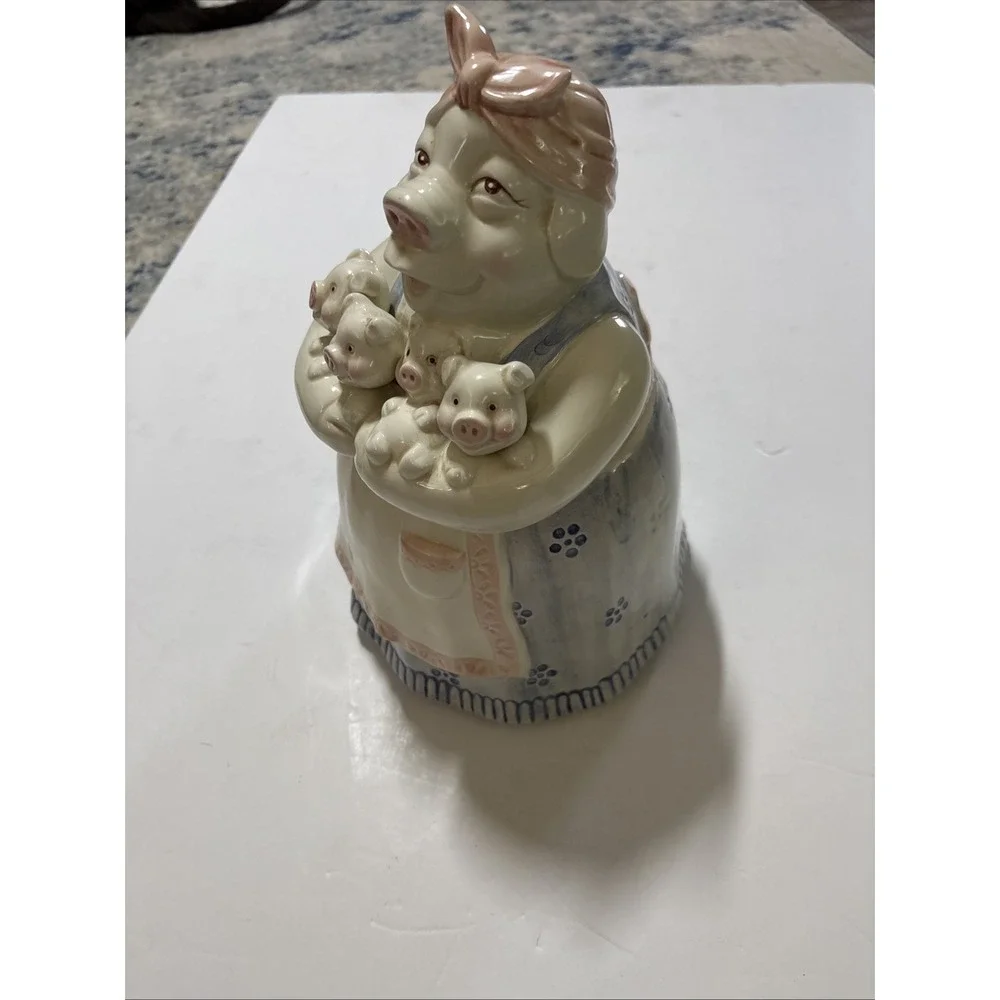Ceramic Pig Cutest Cookie Jar Ever Momma Pig In Apron with 4 Little Piglets EUC